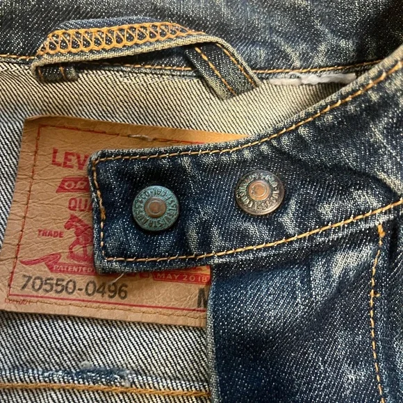 Levi's Classic Blue Denim Collarless Jacket with Tan Stitching - Picture 3 of 13